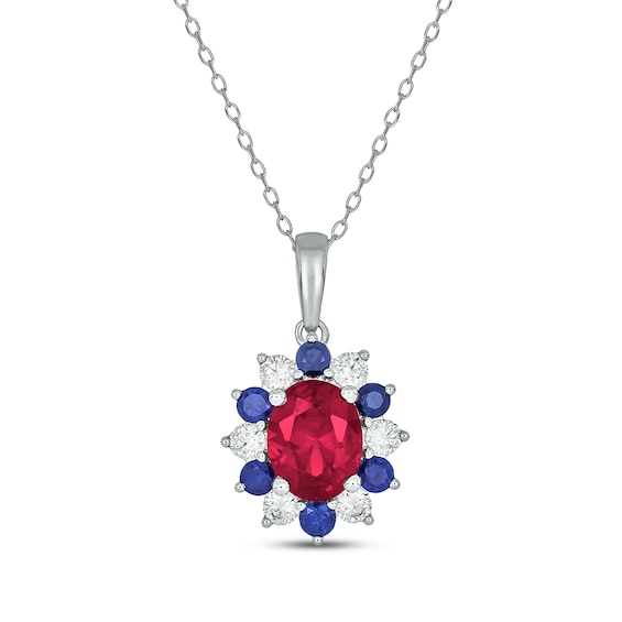 Patriotic Oval-Cut Lab-Created Ruby, Blue Lab-Created Sapphire & Diamond Sunburst Halo Necklace 1/2 ct tw Sterling Silver 18"