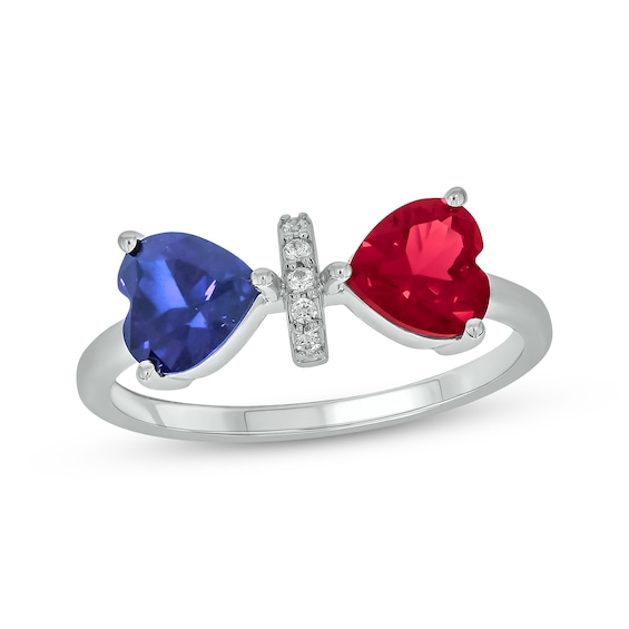 Patriotic Heart-Shaped Blue Lab-Created Sapphire, Heart-Shaped Lab-Created Ruby & Diamond Ring 1/20 ct tw Sterling Silver