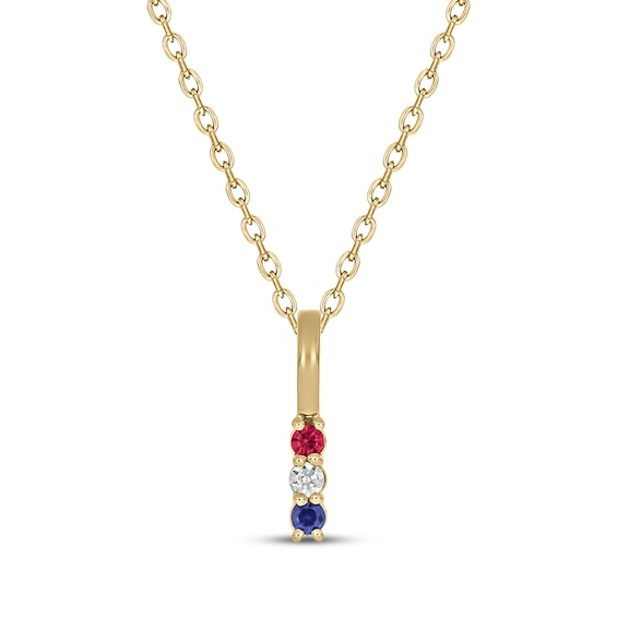 Patriotic Lab-Created Ruby, Blue Lab-Created Sapphire & Diamond Accent Bar Necklace 24K Yellow Gold Vermeil Sterling Silver 18"