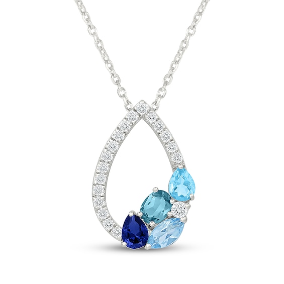 Mixed-Cut Blue Topaz, Blue & White Lab-Created Sapphire Teardrop Necklace Sterling Silver 18"