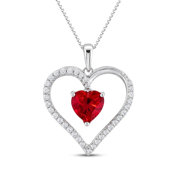 Heart-Shaped Lab-Created Ruby & White Lab-Created Sapphire Heart Necklace Sterling Silver 18"