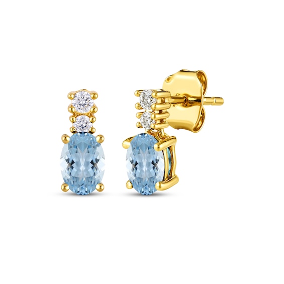 KAY Lab-Grown Diamonds & Oval-Cut Natural Aquamarine Drop Earrings 1/10 ct tw 10K Yellow Gold