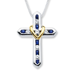 Cross Necklace Lab-Created Sapphire Sterling Silver/10K Gold