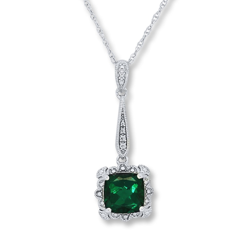Main Image 1 of Lab-Created Emerald Cushion-cut Sterling Silver Necklace