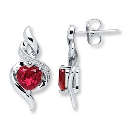 Diamond Heart Earrings Lab-Created Ruby Sterling Silver