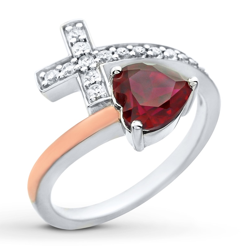 Heart Cross Ring Lab-Created Ruby Sterling Silver/10K Rose Gold