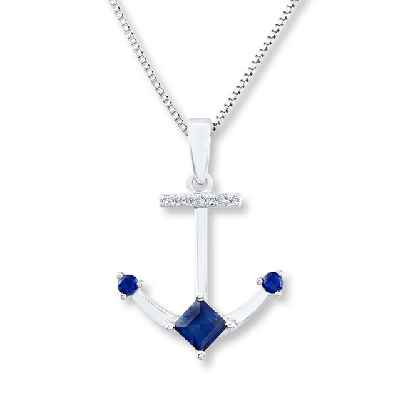 Diamond Anchor Necklace LabCreated Sapphires Sterling Silver Kay Outlet