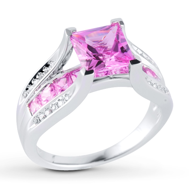 Main Image 1 of Lab-Created Sapphire Ring 1/10 ct tw Diamonds Sterling Silver