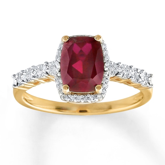 Lab-Created Ruby Ring 1/10 ct tw Diamonds 10K Yellow Gold