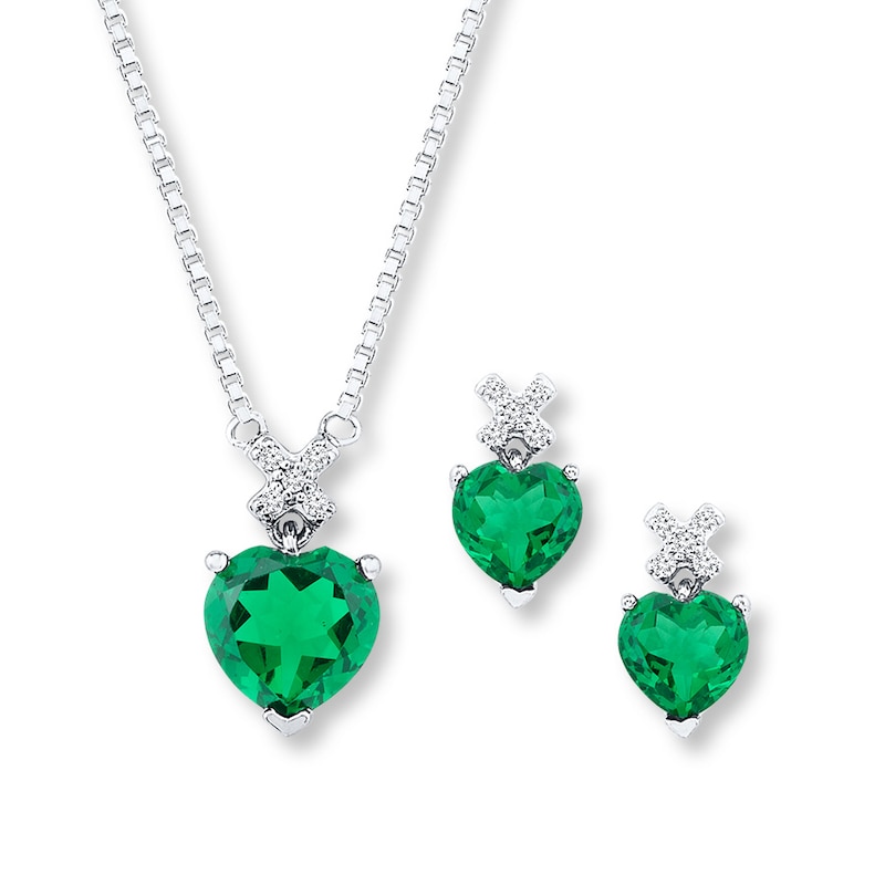 Lab-Created Emerald Box Set 1/15 ct tw Diamonds Sterling Silver