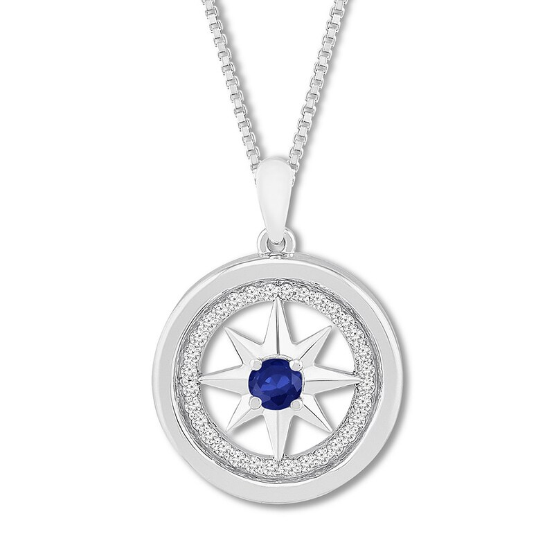 Wanderer Compass Necklace Lab-Created Sapphires Sterling Silver