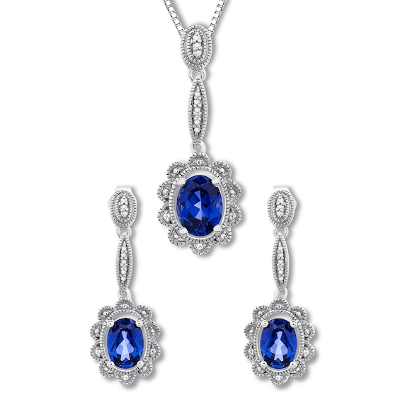 Lab-Created Sapphire Box Set 1/20 cttw Diamonds Sterling Silver