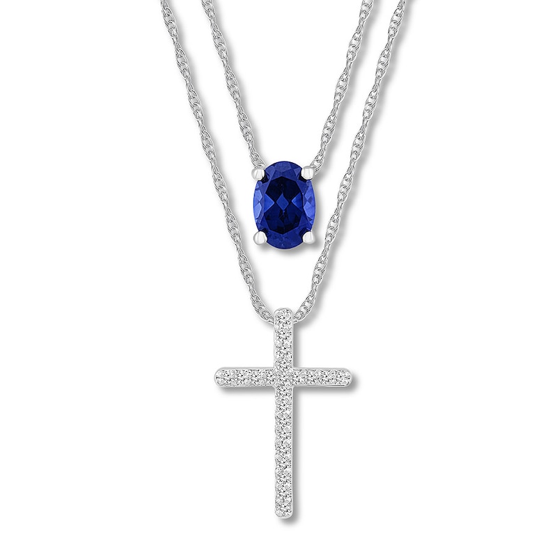 Lab-Created Sapphire Layered Cross Necklace Sterling Silver