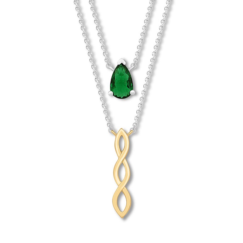 Main Image 1 of Lab-Created Emerald Layered Necklace Sterling Silver & 10K Yellow Gold