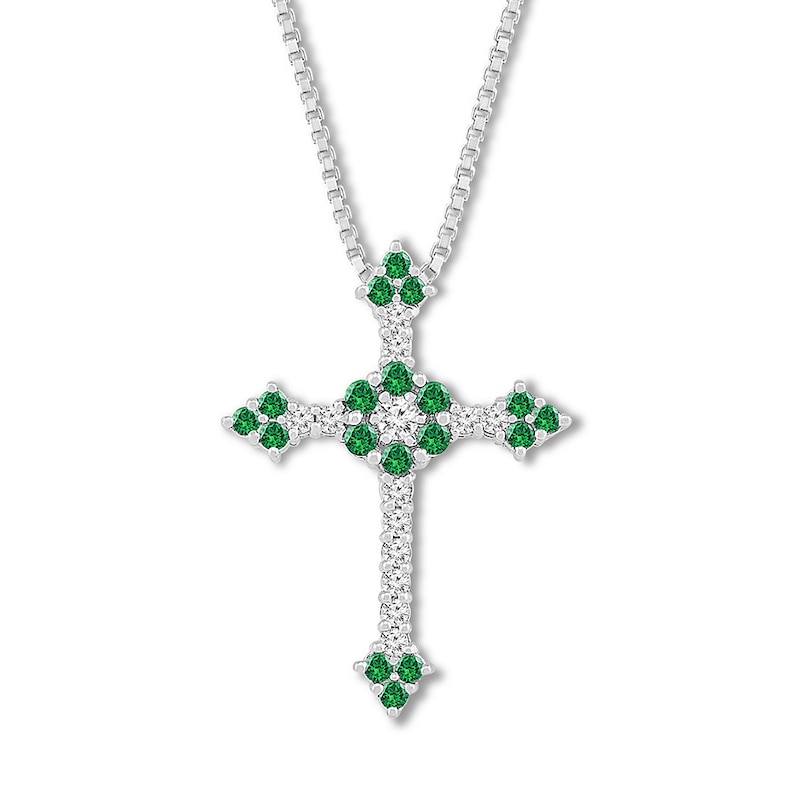 Main Image 1 of Lab-Created Emerald Cross Necklace Sterling Silver