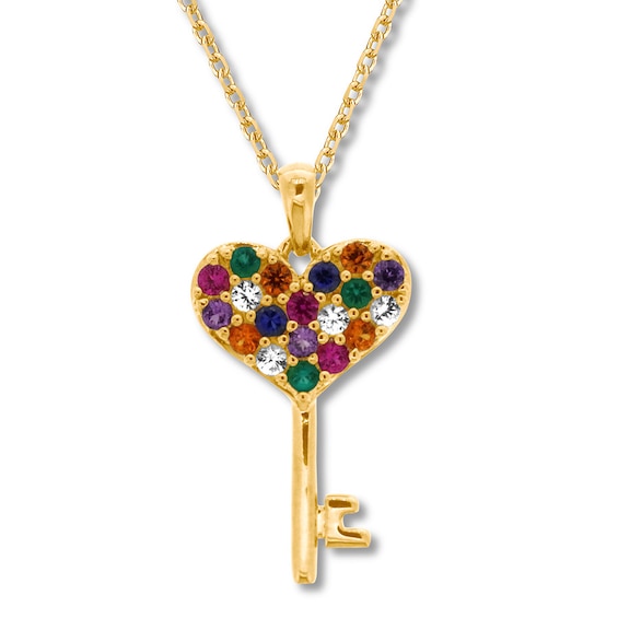 Lab-Created Gemstone Rainbow Key Necklace 10K Yellow Gold