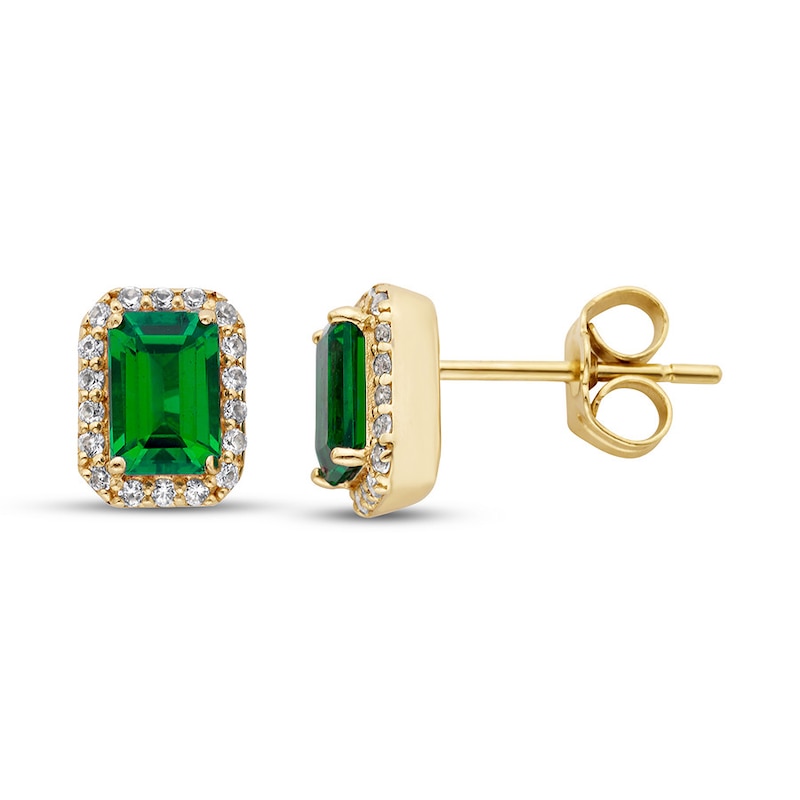 Main Image 1 of Lab-Created Emerald Earrings 10K Yellow Gold