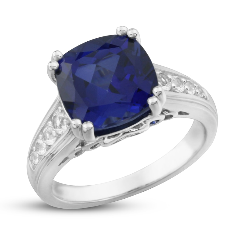 Blue & White Lab-Created Sapphire Ring Cushion-Cut Sterling Silver