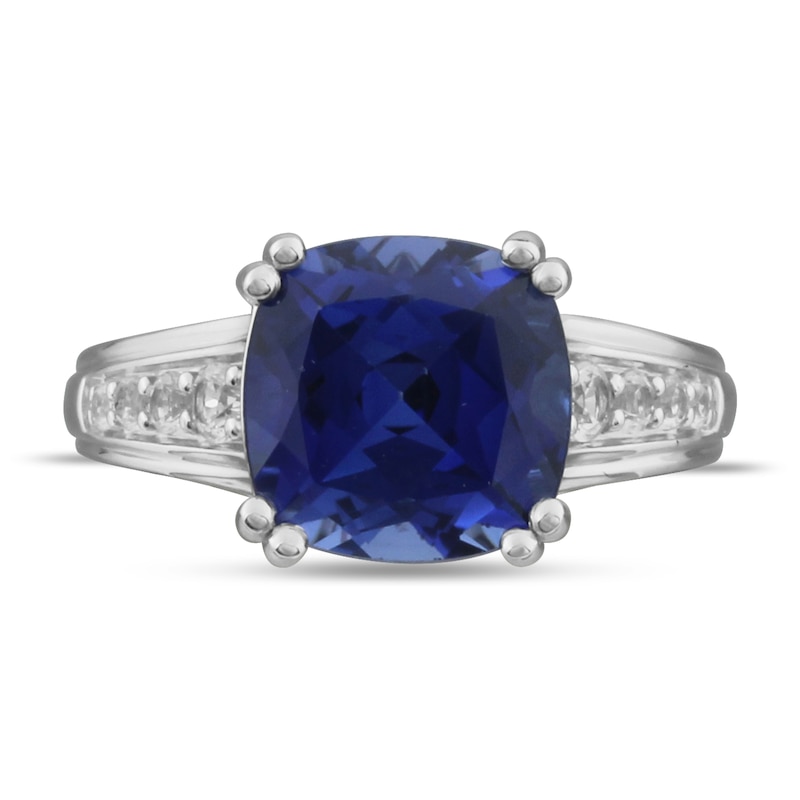Blue & White Lab-Created Sapphire Ring Cushion-Cut Sterling Silver