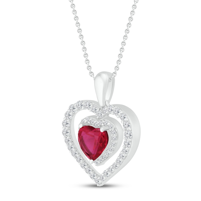 Lab-Created Ruby & Lab-Created White Sapphire Heart Necklace Sterling Silver 18"