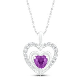 Amethyst & Lab-Created White Sapphire Heart Necklace Sterling Silver 18&quot;