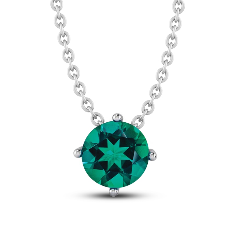 Main Image 1 of Lab-Created Emerald Solitaire Necklace Round-cut Sterling Silver 18"