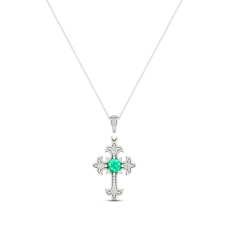 Lab-Created Emerald & White Lab-Created Sapphire Cross Necklace Sterling Silver 18"