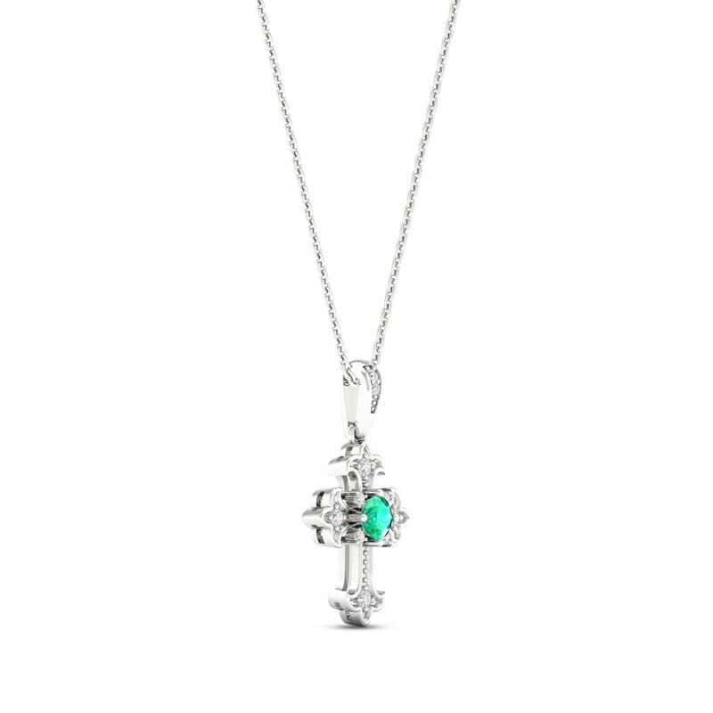 Lab-Created Emerald & White Lab-Created Sapphire Cross Necklace Sterling Silver 18"