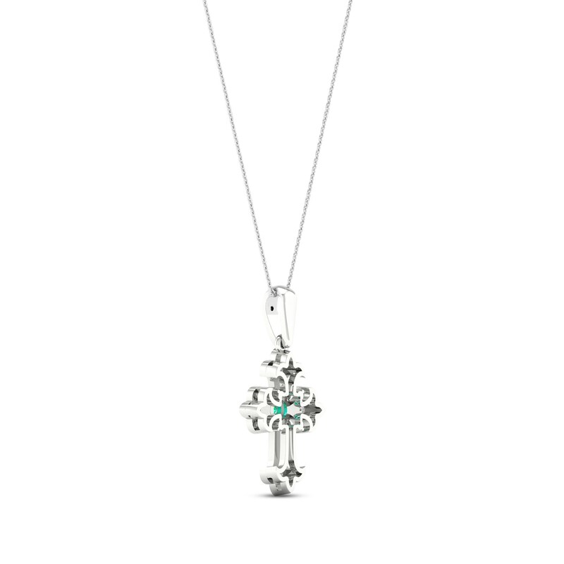 Lab-Created Emerald & White Lab-Created Sapphire Cross Necklace Sterling Silver 18"