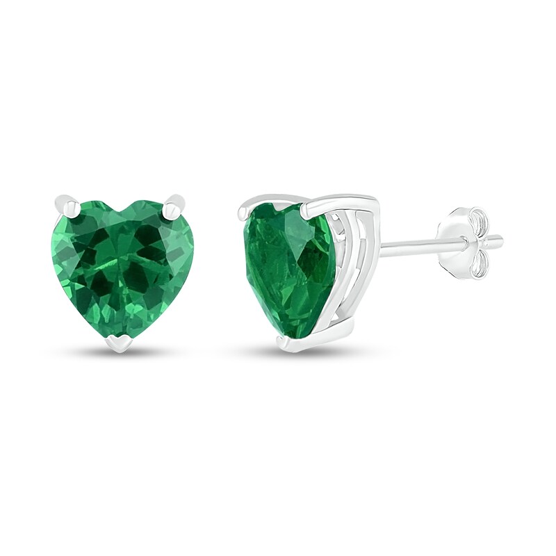 Main Image 1 of Lab-Created Emerald Heart Stud Earrings Sterling Silver