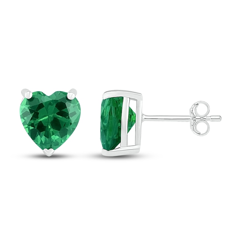 Main Image 2 of Lab-Created Emerald Heart Stud Earrings Sterling Silver