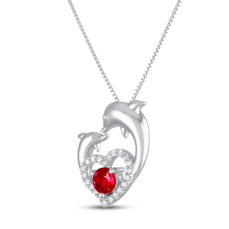 Main Image 2 of Lab-Created Ruby/White Lab-Created Sapphire Dolphins Necklace Sterling Silver 18"