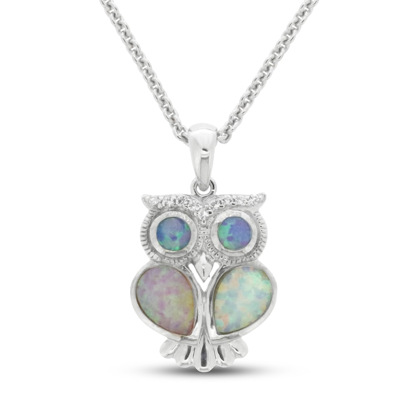 Lab-Created Opal & White Lab-Created Sapphire Owl Necklace Sterling Silver 18"