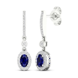 Blue Sapphire Dangle Earrings 1/6 ct tw Diamonds 10K White Gold