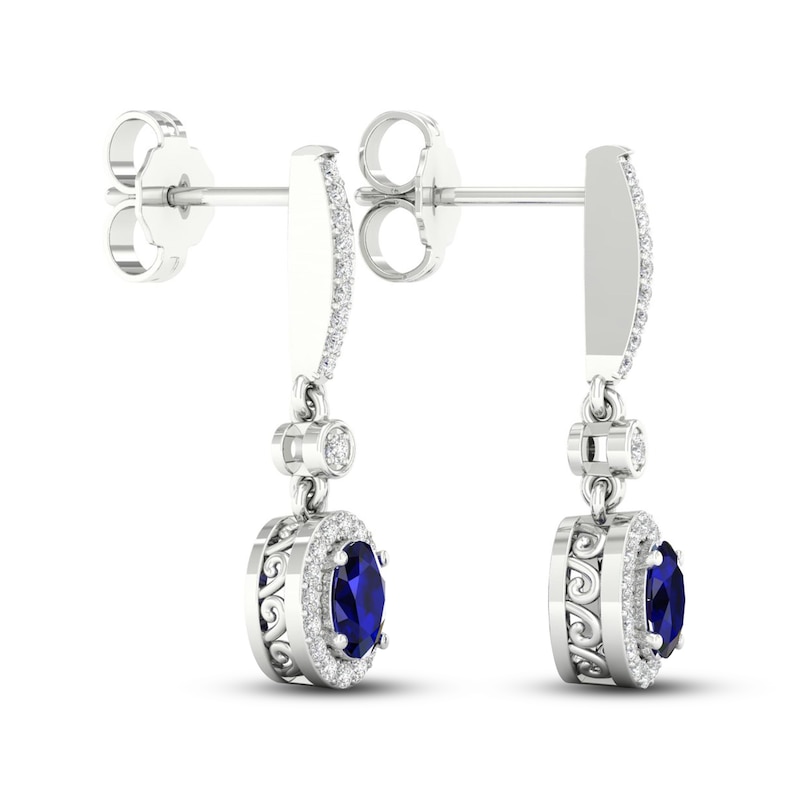 Blue Sapphire Dangle Earrings 1/6 ct tw Diamonds 10K White Gold