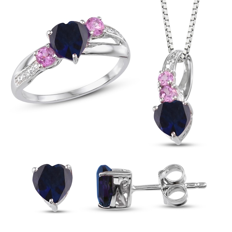 Blue & Pink Lab-Created Sapphire/Diamond Boxed Set Sterling Silver - Size 7