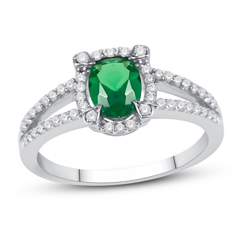Lab-Created Emerald & White Lab-Created Sapphire Ring Sterling Silver