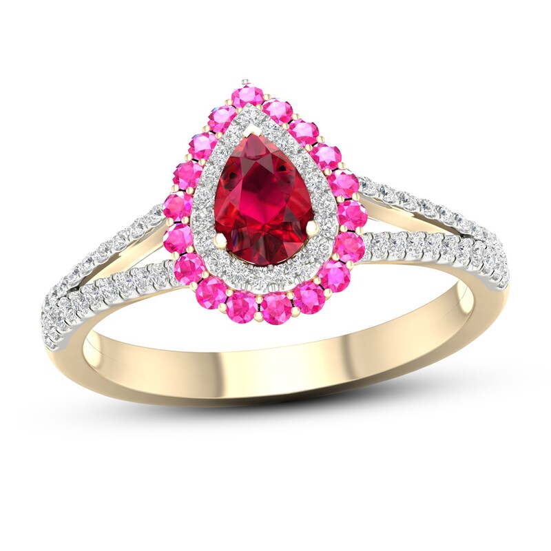 Ruby & Pink Sapphire Ring 1/5 ct tw Diamonds 10K Yellow Gold