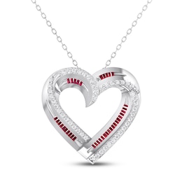 Lab-Created Ruby & White Lab-Created Sapphire Heart Necklace Sterling Silver 18"