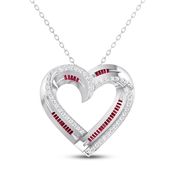 Lab-Created Ruby & White Lab-Created Sapphire Heart Necklace Sterling Silver 18"