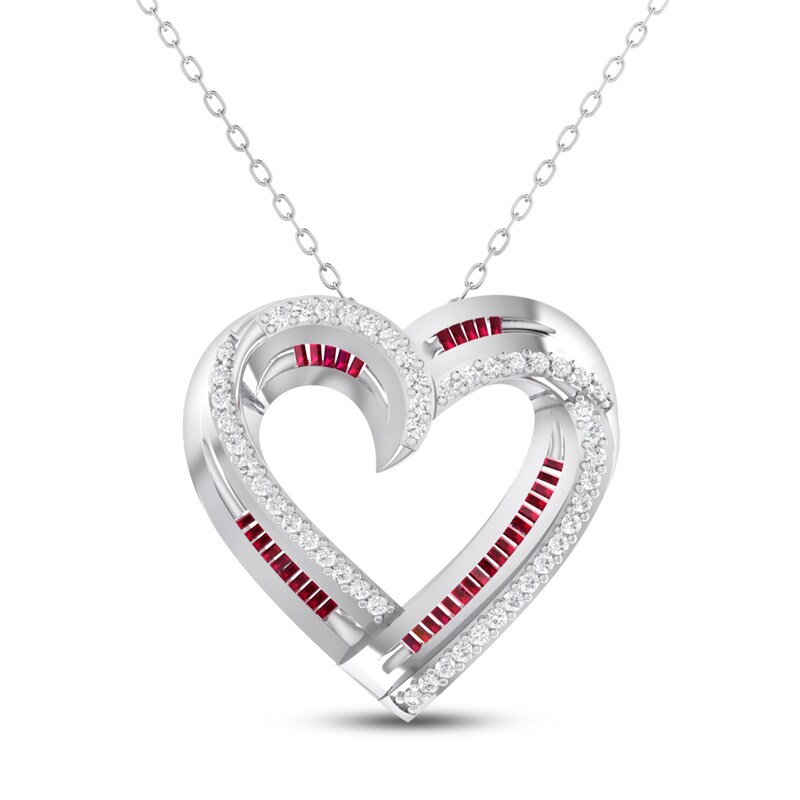 Main Image 1 of Lab-Created Ruby & White Lab-Created Sapphire Heart Necklace Sterling Silver 18"