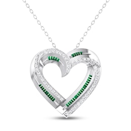 Lab-Created Emerald & White Lab-Created Sapphire Heart Necklace Sterling Silver 18"