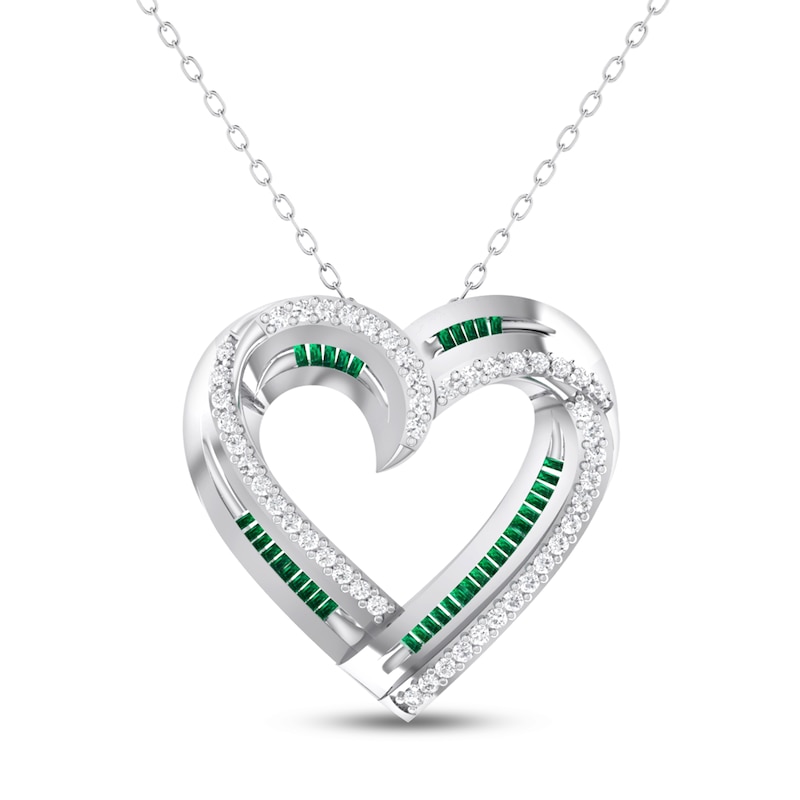 Main Image 1 of Lab-Created Emerald & White Lab-Created Sapphire Heart Necklace Sterling Silver 18"