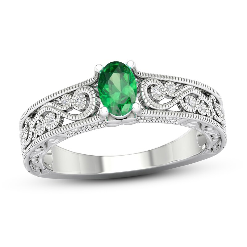 Lab-Created Emerald & White Lab-Created Sapphire Ring Sterling Silver