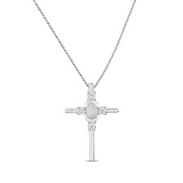 Lab-Created Opal & White Lab-Created Sapphire Cross Necklace Sterling Silver 18&quot;