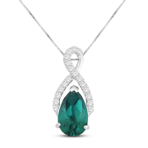 Lab-Created Emerald & White Lab-Created Sapphire Necklace Sterling Silver 18"