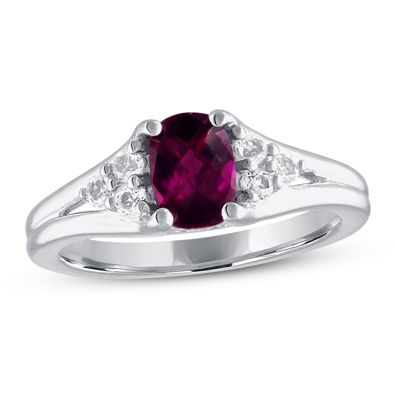 Rhodolite Garnet & White Topaz Ring Cushion/Round-cut Sterling Silver