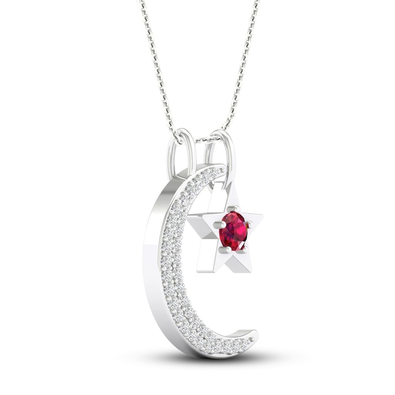 Lab-Created Ruby & White Lab-Created Sapphire Moon & Star Necklace Sterling Silver 18"