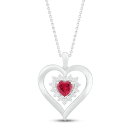 Lab-Created Ruby & White Lab-Created Sapphire Heart Necklace Sterling Silver 18"