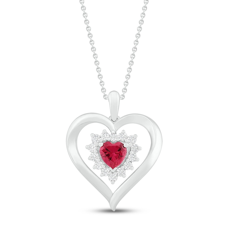 Lab-Created Ruby & White Lab-Created Sapphire Heart Necklace Sterling Silver 18"